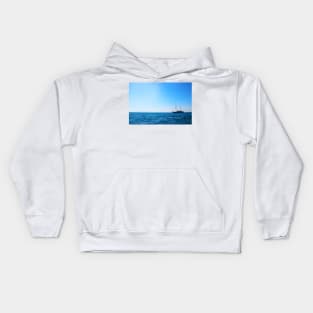 View from Tremiti Islands at the Adriatic Sea and a boat Kids Hoodie